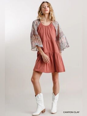 ✨ Umgee Mixed Print Bell Sleeve Dress - NWT